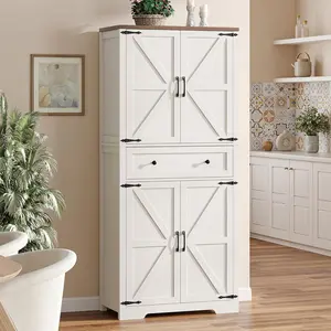 Vabches Kitchen Pantry Storage Cabinet with Barn Doors and Shelves, White Farmhouse Linen Storage Cabinet With Drawers, Free standing Food Pantry Cabinets for Kitchen, Dining Room, Living Room