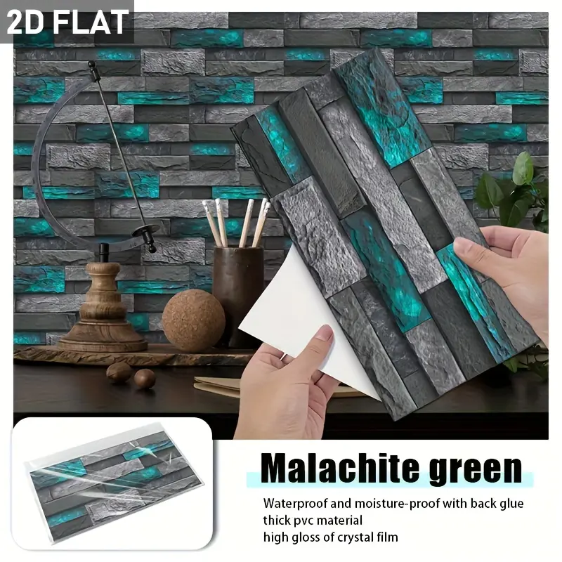 2d Flat 11.81" X 5.9"12/24/48pcs American Vintage Style Self-Adhesive PVC Wall Tiles - Waterproof And Moisture-Resistant for Bathroom, Kitchen, Living Room - Slate Stone Pattern In Rock Yellow, Dark Grey, Slate Grey, Vintage Blue, PeaRooster Green