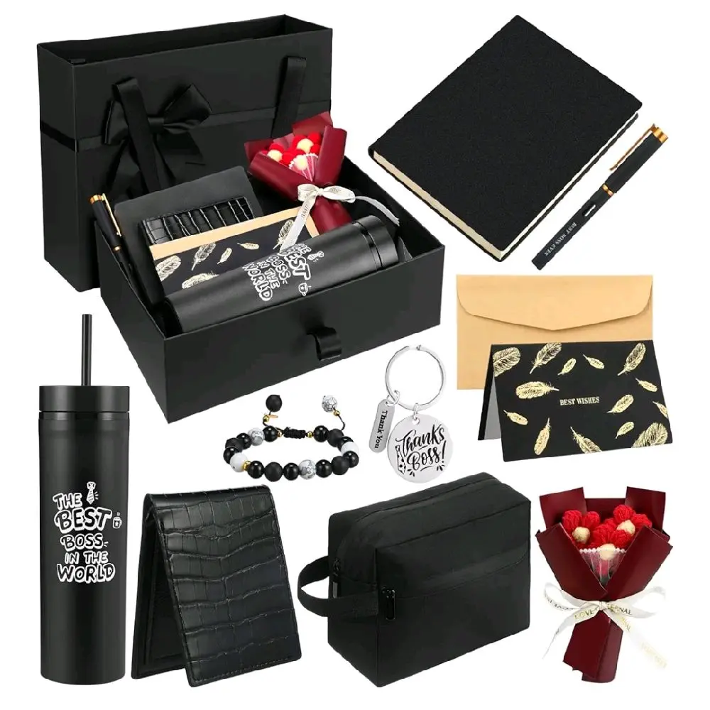 10 Pcs Boss Gifts for Men, Best Bosses Day Gifts Baskets for Him Male Christmas Appreciation Birthday Retirement Box Set Tumbler Wallet Bracelets Toiletry Bag Keychain(Classic)