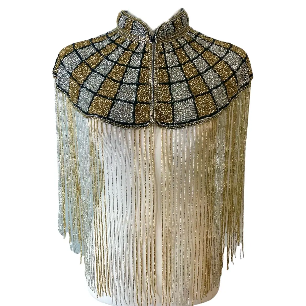 Luxe Hand Beaded Fringe Cape with Silk Collar - Mixed Metal Silver and Gold