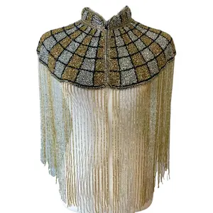 Luxe Hand Beaded Fringe Cape with Silk Collar - Mixed Metal Silver and Gold