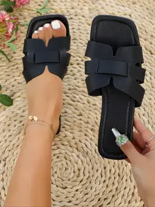 2026 Summer New Casual Square Toe Flat Sandals, Eu Style Plain Color Lazy One-Step Beach Shoes, Women's Large Size Slip-On Slippers, Flip Flops
