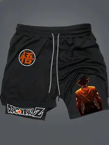 Anime Prints 2-In-1 Drawstring Waist Shorts, Quick-Dry Swim Trunks, Swimwear Shorts, Drawstring Swim Bottom, Loose Fit with Pockets, Ideal for Summer & Workout Wear