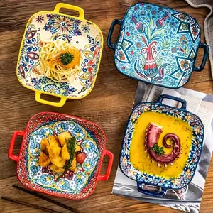 Bohemian Style Ceramic Bakeware Set, 4-Piece Square Dual Handle Design, Ideal for Fruit Pasta Salad, Oven & Microwave Safe