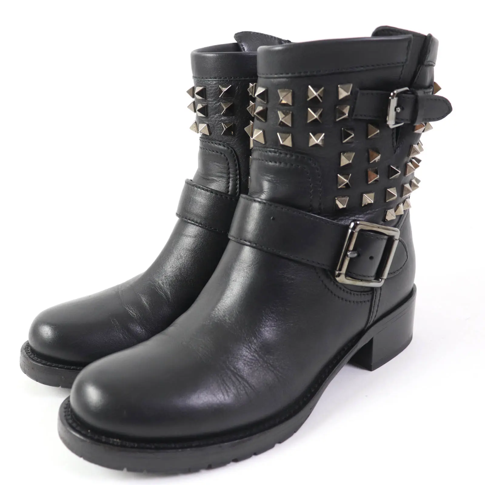 Pre-owned Valentino Calfskin Small Leather Goods Leather Rockstud Short Boots Black 37