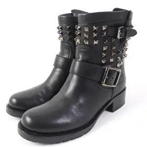 Pre-owned Valentino Calfskin Small Leather Goods Leather Rockstud Short Boots Black 37