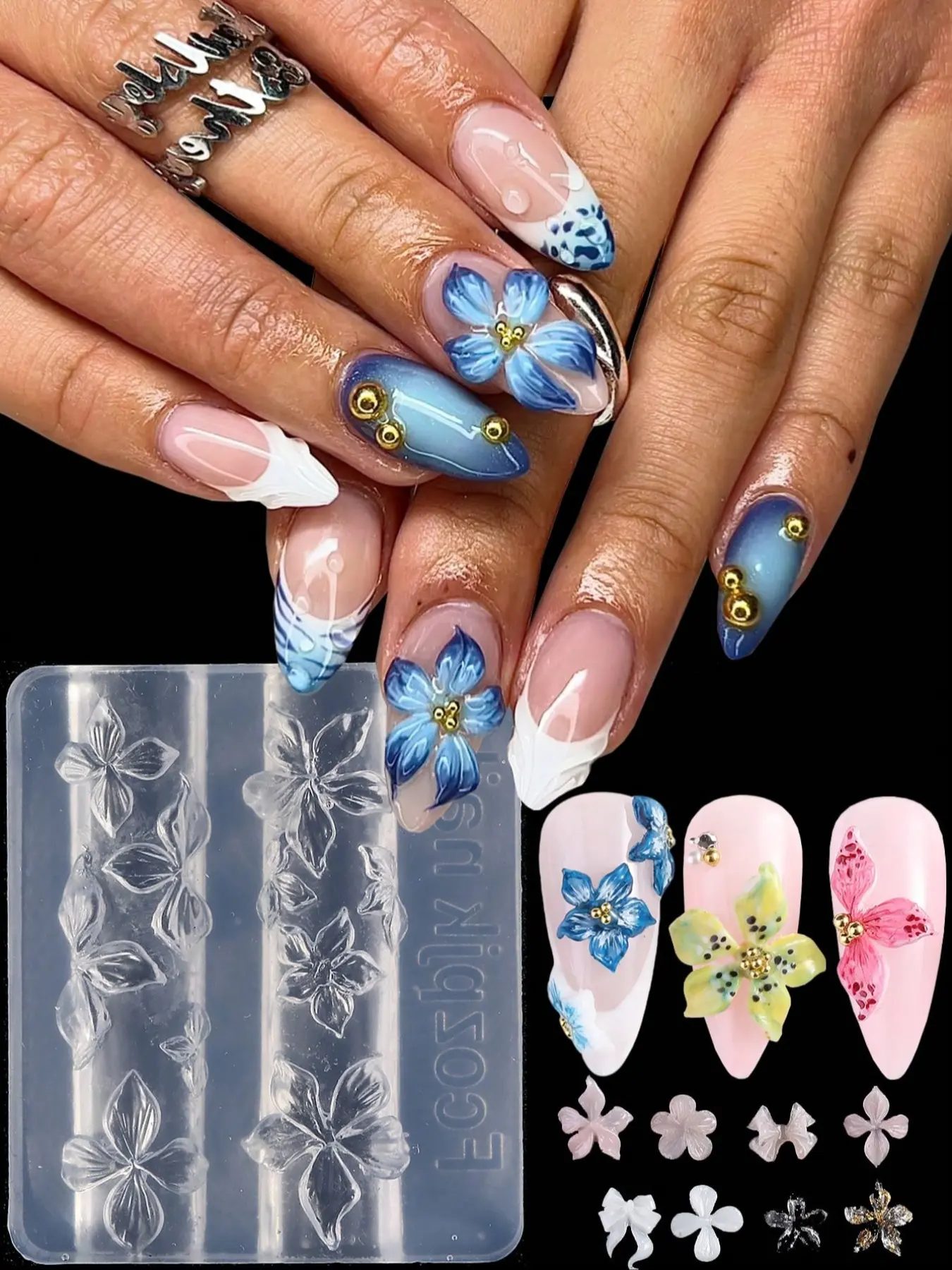 Lily Flower Nail Art Mold, 3D Embossing Carving Mold for Hibiscus & Petals, DIY Design Nail Art Tools for Press on & Acrylic Nails