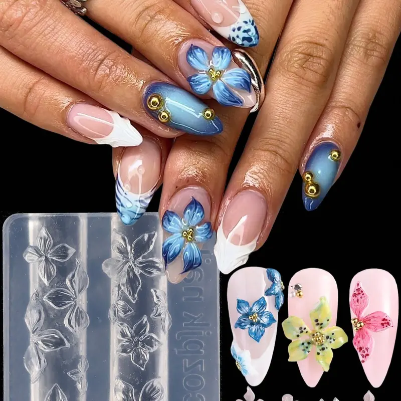 Lily Flower Nail Art Mold, 3D Embossing Carving Mold for Hibiscus & Petals, DIY Design Nail Art Tools for Press on & Acrylic Nails
