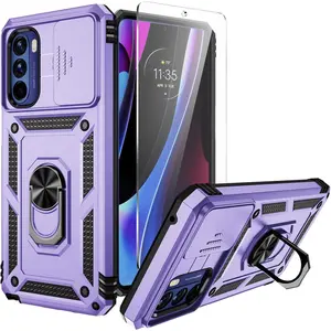 for Moto G Stylus 5G 2022 Phone Case,Slide Camera Cover HD Screen ProtectorMilitary Grade Shockproof Ring Holder Kickstand Protective Case for Moto G Stylus 5G 2022 (Lavender)