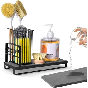 Kitchen Sink : Sponge Holder for Kitchen Sink Counter with  Drying Stone and High Brush Holder, Rustproof Stainless Steel Sponge Holder for Sponges, Scrubbers, Soap (Black)