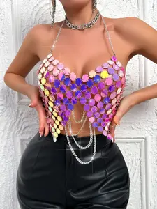 Women's Sequined Metal Fringe Top, Sparkling Halter Backless Vest, Elegant Party Wear, Stylish Women's Clothing