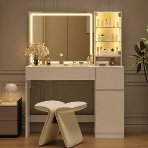 Unlimited 41" Vanity Desk with Power Outlet, Makeup Vanity with Mirror and Lights, 3 Lighting Modes, White Vanity Table with Glass Top, LED Glass Cabinet and Jewelry Storage