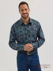 Wrangler Men's Aztec Print Long-Sleeve Shirt, Black/Blue - 112356535