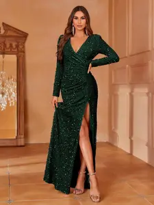 Elegant Women's Lady Bodycon Sequined Deep V Neck Long Sleeve Formal Dress, Party Gown, Evening Wear, Ruched Curve Fit Style, Elegant Split Hem