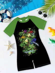 Boys'one-piece swimsuit "Teenage Mutant Ninja Turtles Hero Sun Protection Edition" with cartoon turtle prints + contrast-color raglan sleeves, highly elastic, skin-friendly, and sweat-free, suitable for playing in the pool, at the beach, or in water parks