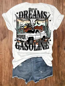 Women'S Retro Route 66 Pattern T-Shirt- \"Dare to Dream\" Denim And Pickup Truck Print Loose Short Sleeve Round Neck Summer Casual Top Machine Washable Breathable Comfortable Shirt Women'S T-Shirt Casual Wear Loose Style Soft Fabric Print Desig