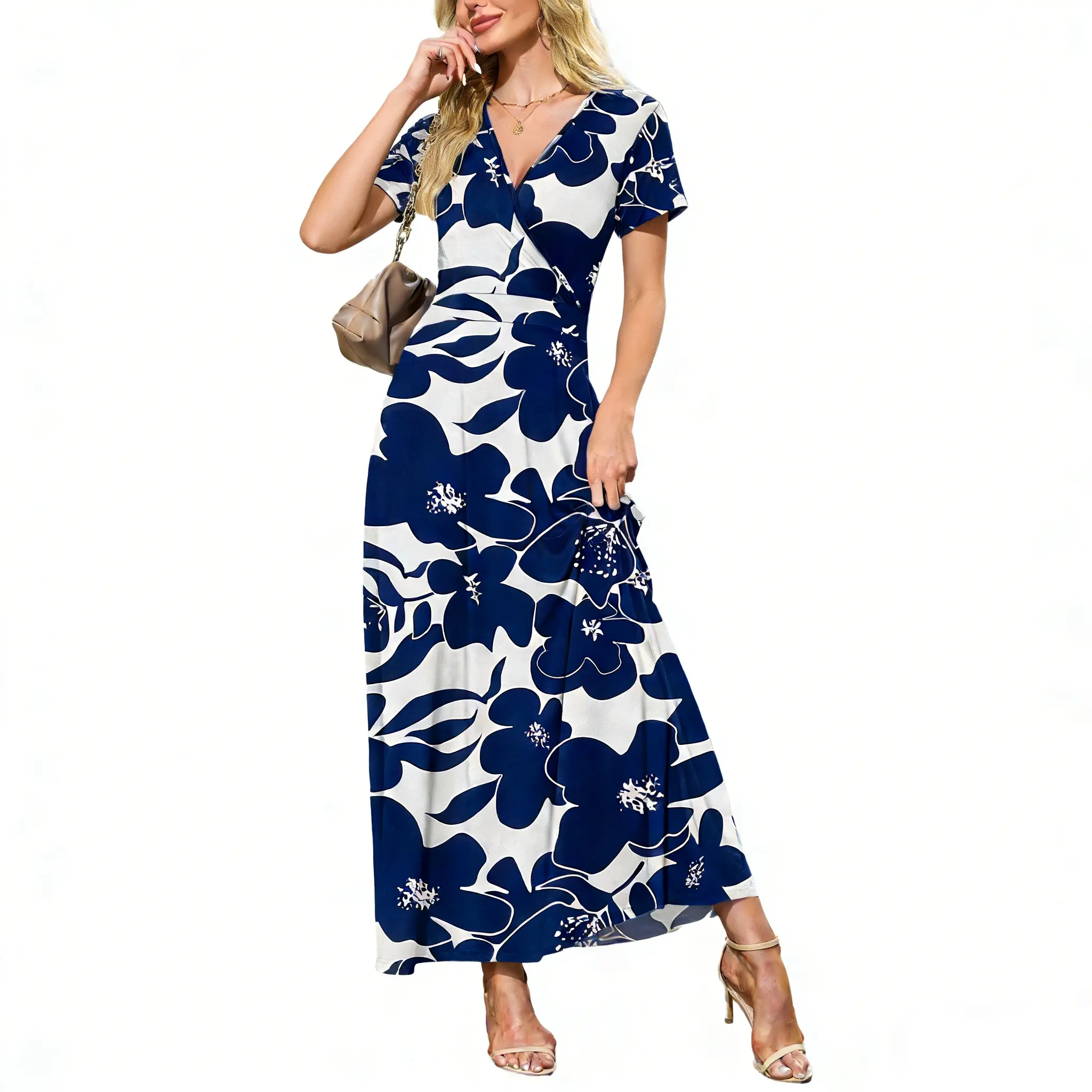 AUSELILY Maxi Dresses for Women V neck Ankle Length Floral Print Beach Long Flowy Dress with Pockets AUSELILY Maxi Dresses for Women V neck Ankle Length Floral Print Beach Long Flowy Dress with Pockets