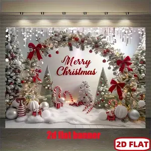 Christmas Backdrop, Polyester, Candy Cane & Silvery Tinsel, White Snowy, Festive "Merry Christmas" with Arch & Christmas Trees, Balloons, for Living Room, Outdoor Decor, Influencer Live Streaming