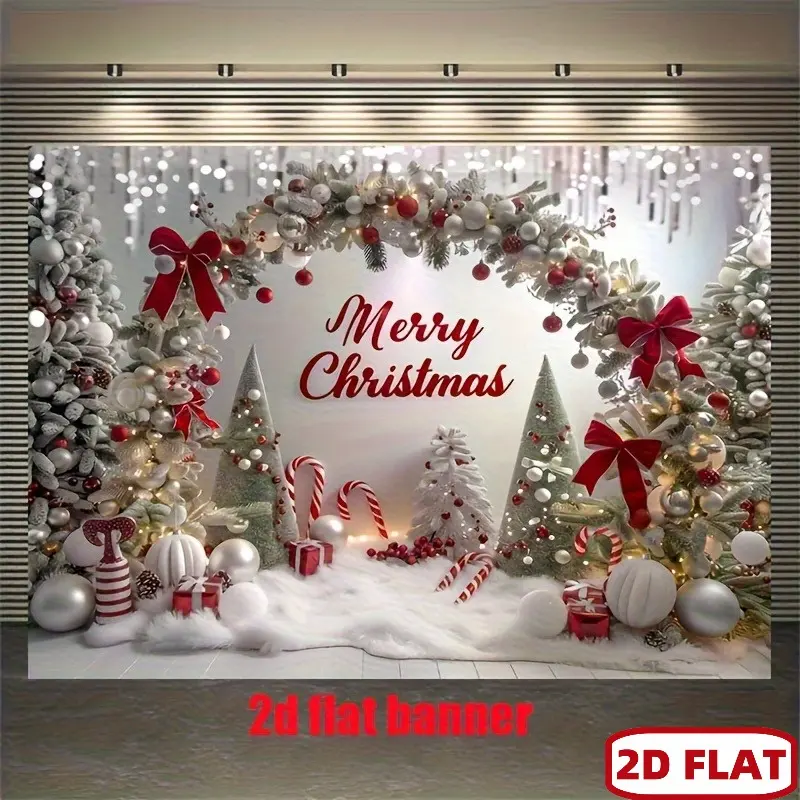 Christmas Backdrop, Polyester, Candy Cane & Silvery Tinsel, White Snowy, Festive "Merry Christmas" with Arch & Christmas Trees, Balloons, for Living Room, Outdoor Decor, Influencer Live Streaming