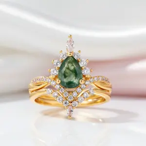 Vintage Pear cut Natural Moss Agate Wedding Ring