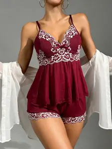 Women's Elegant Casual Halter Everyday Sleepwear Set, Floral Lace Cups, Adjustable Thin Straps, Spaghetti Strap, Soft Modal Fabric, All Seasons Wear, Burgundy, Womenswear