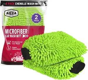 Car Wash Mitt Microfiber, 2PK Scratch Free Lint-Free, Premium Chenille Microfiber Mitt Car Wash Brush, Green, Regular Size 7.12''X10.14'' AIDEA