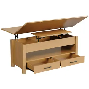 39.4" Lift Top Coffee Table with Storage, 2 Drawers & Hidden Compartment, Farmhouse Center Table with Adjustable Height Wooden Tabletop for Living Room, Split Lift Design