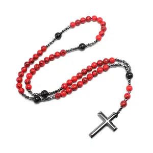 Hematite Beads Rosary Necklaces Cross Pendant Red Pine Stone Christian Catholic Religious Jewelry for Women Men Gift