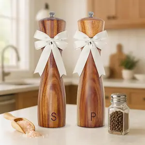 Wedding Gift for Couples 2026  Acacia Wood Salt & Pepper Grinder Set with Bow Design | Elegant Kitchen Decor | Bridal Shower, Housewarming Gift (2"W x 8.3"H))
