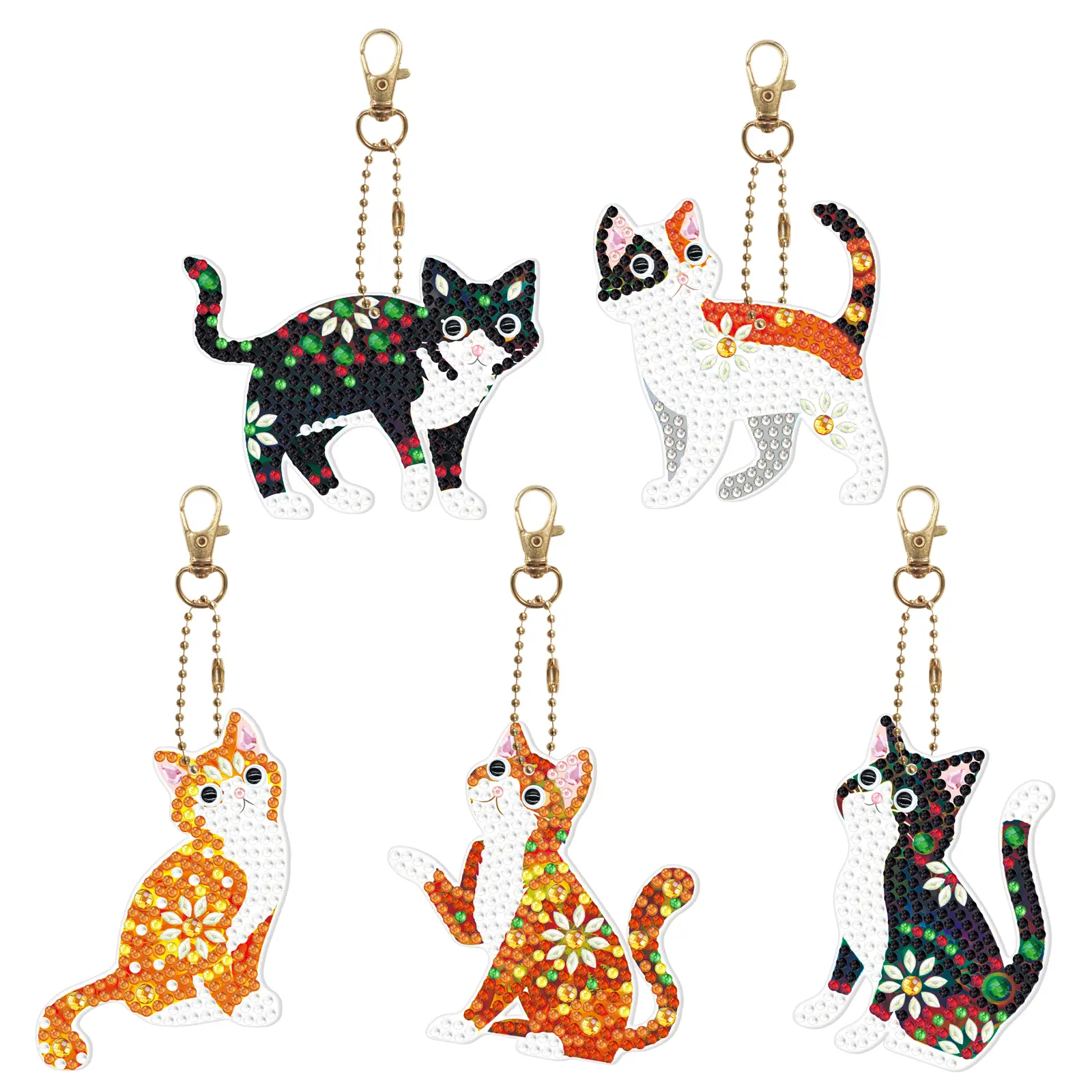 5-Style Cute Floral Cat 5D Full Drill Double-Sided Keychain, 5-Piece Set Diamond Painting Cross Stitch DIY Handcraft Needlework Decor, Ideal Animal-Themed Holiday Birthday Present
