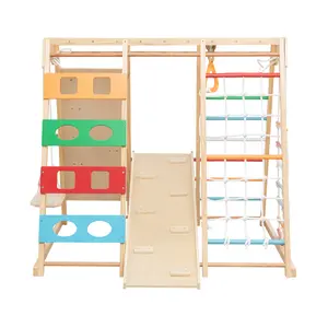 9-in-1 Kids Outdoor Playset with Slide Swing Climbing Frame Wooden Backyard Playground Set with Monkey Bars Climbing Net Ladder Rings Indoor Outdoor Activity Gym for Toddlers Durable High-Quality Wood