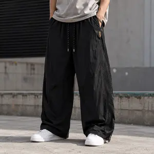 Men’s Techwear Baggy Parachute Pants, Lightweight Nylon Wide Leg Track Pants with Mesh Side Panels, Drawstring Elastic Waist & Adjustable Hem