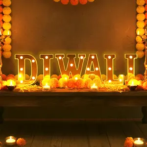 6 Pcs Diwali Mirror Letters Lights, 6.3 Inch Battery Operated LED Marquee Sign with Reflective Finish, Warm White Light Up Letters for Mandir Puja Room Party Wedding Festival of Lights Decorations