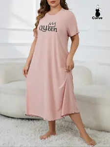Plus Size Letter Print Contrast Binding Lettuce Trim Nightdress, Casual Short Sleeve Round Neck Nightgown for Women, Women's Sleepwear & Loungewear for All Seasons