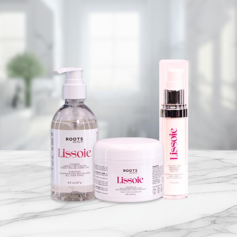 Lissoie Hair Trio - 3-step routine to cleanse, repair and soften hair. Includes shampoo, repairing mask and shine oil. Professional quality care for dry, frizzy or color treated hair. Hair care, conditioner, treatment.