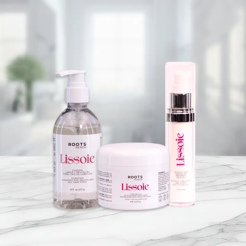 Lissoie Hair Trio - 3-step routine to cleanse, repair and soften hair. Includes shampoo, repairing mask and shine oil. Professional quality care for dry, frizzy or color treated hair. Hair care, conditioner, treatment.