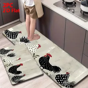 2/3 Piece Flannel Kitchen Mat Set, Vintage Rooster & Leaf Farmhouse Design, Non-Slip, Absorbent, Home Decor