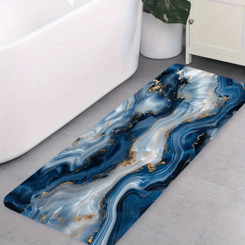 Blue Gray Marble Pattern Flannel Bath Mat - Ultra Soft Non-Slip Waterproof, Machine Washable Water-Absorbent Marble-Effect Bath Mat for Bathroom Bathtub Doorway Home Decor Stair Tread Marble-Effect Bath Mats entryway decorative rug
