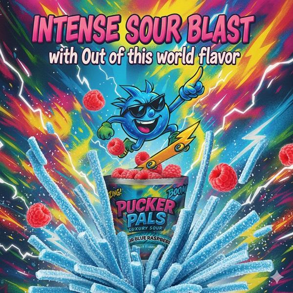 Pucker Pals Sour Candy – Blue Raspberry Extreme Gummy Candy Sour Strips, Bold Sweet & Sour Belts, Gummies For Party Size Gummy Worms Halloween Stocking Stuffers Game Night Boys Girls Teen Kids Adults