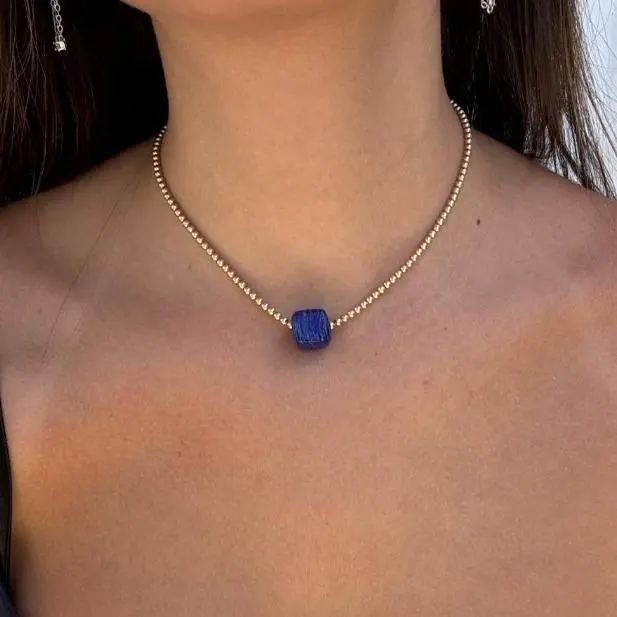 Protect Your Power Chakra Choker Real 14k Gold Filled Beaded Necklace with Turquoise Glass Bead for Confidence Energy Protection
