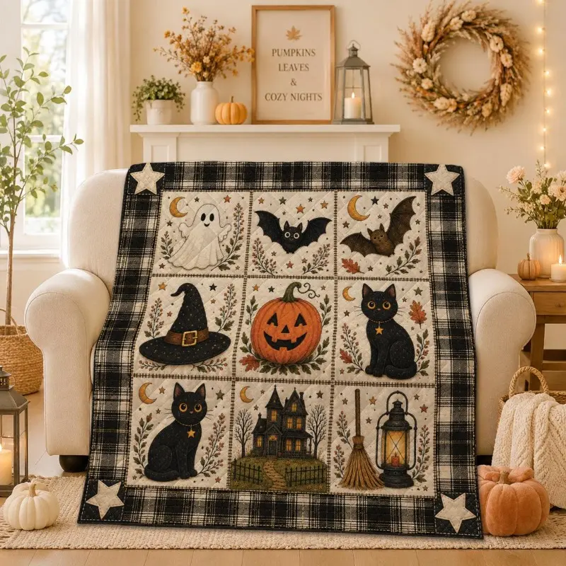 Halloween Patchwork Quilt, Black Cat Pumpkin Ghost Throw, Spooky Farmhouse Bedding, Plush Flannel Blanket for Sofa Couch Bed Bedroom Reading Nook Fall Home Decor Trick or Treat Gift