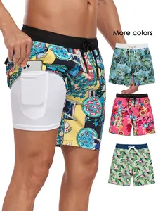 2 in 1 Men's 7 Inch Swim Shorts with Compression Liner, Quick Dry Beach Swimwear with Drawstring & Pockets for Holiday Use, Swimming Trunks