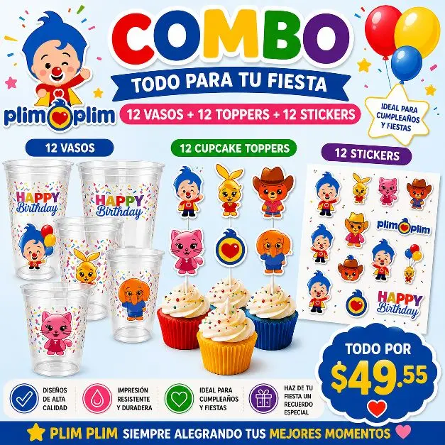 36-Piece PLIM PLIM Combo Set - 12 Vases, 12 Cupcake Toppers, 12 Stickers for Birthday Parties - High-Quality Designs, Durable Printing - Perfect for Celebrations