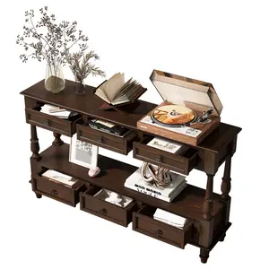54"L*13.5"W*32"H 6-Drawer Console Table, Pine Wood Leg Entryway Sofa Table, MDF Birch Veneer Double Tier Display Cabinet, 220LBS High Load Stable Storage Hallway Table Quick Assembly for Home Living Room Foyer