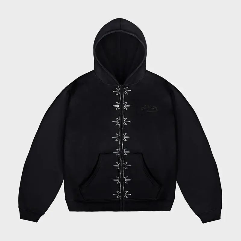 Men Black Zip Up Hoodie Star Stitch Embroidery Oversized Streetwear Hooded Jacket