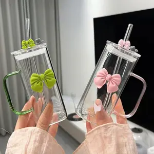 Bow Decor Clear Glass Cup, 1 Count Cute Glass Cup with Straw & Lid, Water Glass Cup, Glass Drinking Cup, Heat Resistant Glass Cup for Home Office Use, Stylish Drinkware, Drinkware, Glassware Set