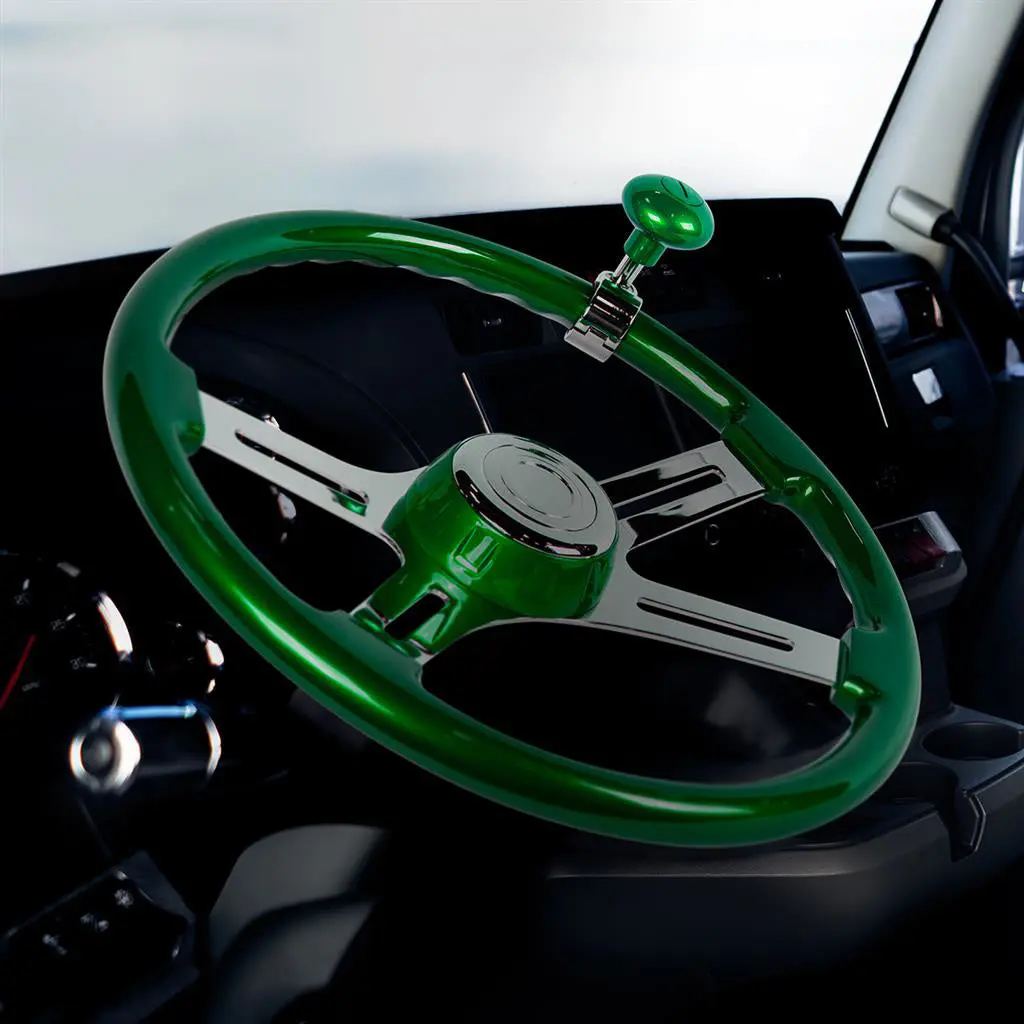 18 In Emerald Green 4-Spoke Candy Steering Wheel with Chrome Plated Hub & Horn Kit - Fits Peterbilt 06-22, Kenworth 03-22 (Includes Emerald Green Horn Bezel), Wheel Kit, 18" Emerald Green Steering Wheel