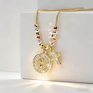 Benedict Cross Necklace,European And American Style, Handmade Religious Copper Pendant forWomen, Vintage Beaded Jewelry, Christmas Amulet, Easter Gift.