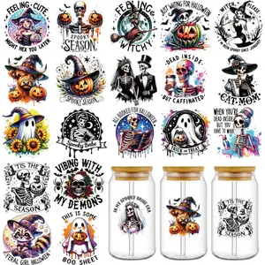 Funny Halloween UV DTF Cup Wraps, 20 Pcs Gothic Skull UV DTF Cup Wrap for 16 OZ, Skeleton Witch Spooky UVDTF Sticker Decals for Glass Cups Tumblers, Waterproof Rub on Transfers for Crafts