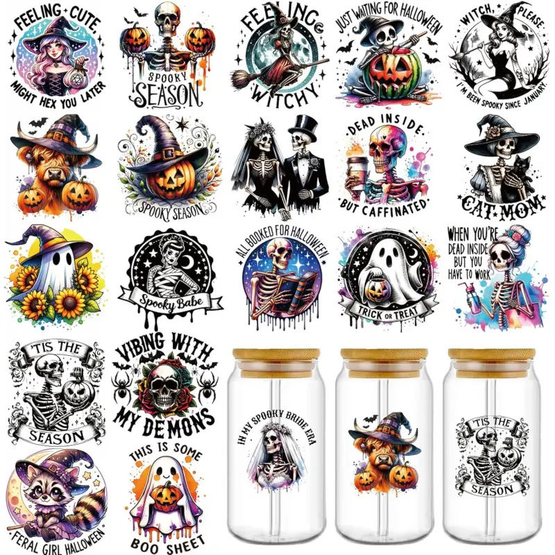 Funny Halloween UV DTF Cup Wraps, 20 Pcs Gothic Skull UV DTF Cup Wrap for 16 OZ, Skeleton Witch Spooky UVDTF Skull Stickers Sticker Decals for Glass Cups Tumblers, Waterproof Rub on Transfers for Crafts